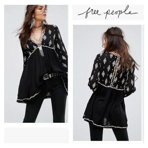 Free People Black Cream Diamond Embroidered Boho Gauze Tunic Dress, Size Small